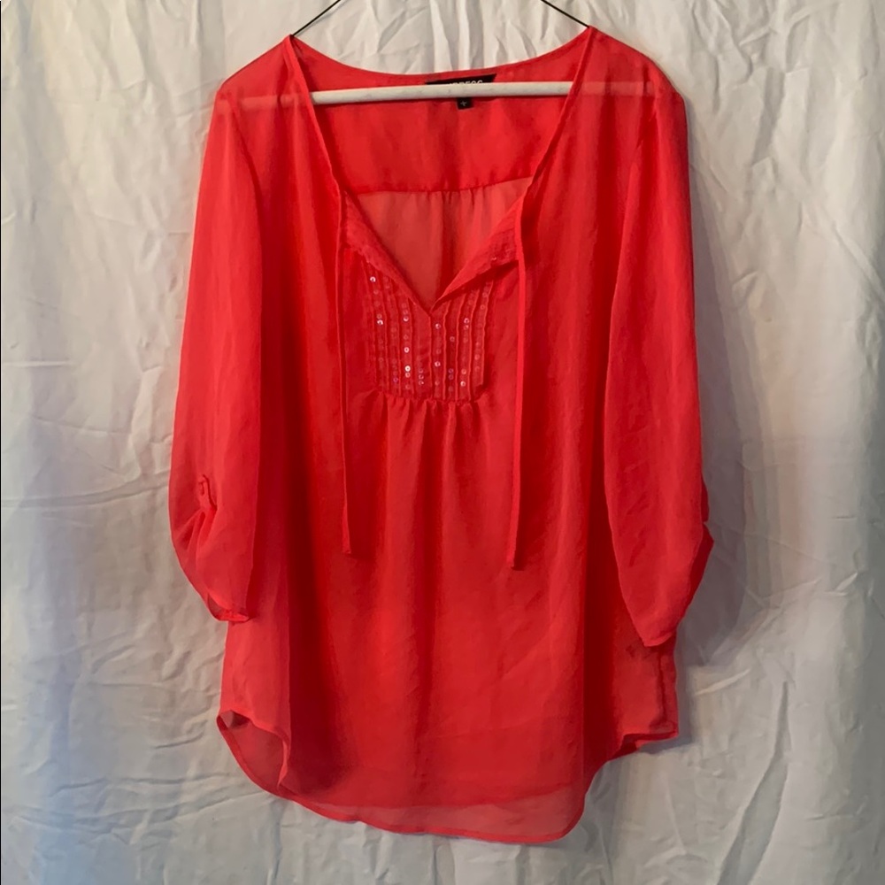 Express Pink/Coral Color / Embellished / Sequence / 3/4 Sleeve Sheer Blouse